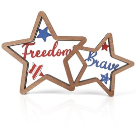 COCHIE 4th of July Decorations Patriotic Memorial Day Wooden Star Tiered Tray Decor, Freedom Sign, Brave Sign, Fourth of July Red Blue and White Decoration for Home Office Table Shelf (Siamese Stars)