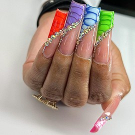 Overlength Coffin Press on Nails French Hawksbill Turtle Fake Nails Rhinestone Stick on Nails Glossy Shiny Glue on Nails Full Cover Artificial Acrylic False Nails Reusable Nails Kit for Women Girls