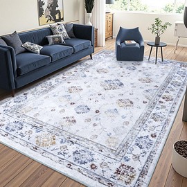 FinRèc 5x7 Rugs for Living Room, Washable Vintage Floral Bedroom Rug, Non-Slip Low Pile Area Rug, Ultra-Thin Foldable Accent Indoor Carpet for Kitchen Dining Room Kids Room Home Office-Blue and White