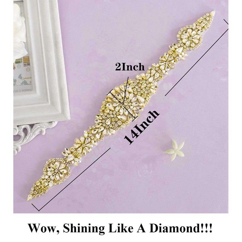 Pardecor Rhinestone Applique Wedding Bridal Sash Belt Gold Belt Sashes