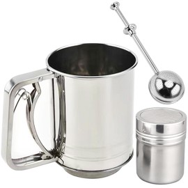 Flour Sifter 3 Cup Flour Sifter for Baking Stainless Steel Double Layers Sifter, 3 in1 Sifter for Baking Hand Press Design, Flour Strainer