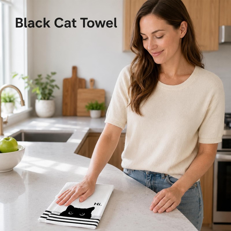 Black Cat Tea Towel, Kitchen Hand Towel, Gifts for Cat