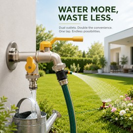 Dual Outlet Outdoor Garden Faucet for Hose Use – Metal Wall Tap with Independent Valves for Lawn Watering & Washing