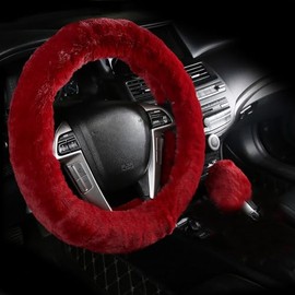 OHHMNKK 2 Pcs Furry Car Steering Wheel Cover with Fluffy Gear Shift Cover Soft Warm Non-Slip Car Decoration for Women Girls (Wine-red)