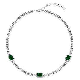 NUZON Silver Plated CZ Station Necklace for Women Dainty 5mm Flat Cuban Curb Link Chain Choker Emerald Green Cubic Zirconia Stone BTY Necklace Layering Jewelry 16’’