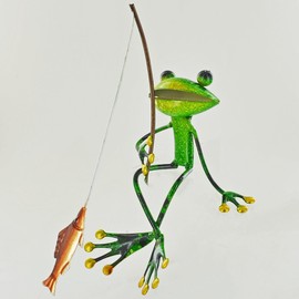 FABULOUS GREEN METAL GARDEN FROG FISHING SHELF SITTING SCULPTURE ORNAMENT FROGS