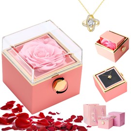 TEZXSAEW Conjunto Collar Rosa Eterna,con Collar de Tiras de Möbius,Caja de Regalo Giratoria con Flores Eternas Aniversario de Bodas,Día de la Madre,San Valentín,Regalo para Mamá,Esposa,Novia,Prometida