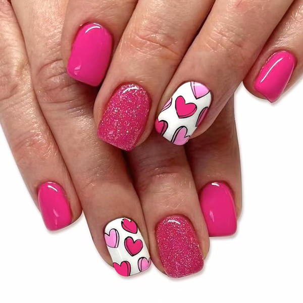 Pink Glitter Press on Nails Short Square Heart Fake Nails
