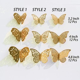 36Pcs Gold 3D Butterfly Wall Stickers， Metallic Art Sticker ，Butterfly Wall Decals for Home Decor Butterflies Fridge Sticker Room Decoration Party Wedding Décor