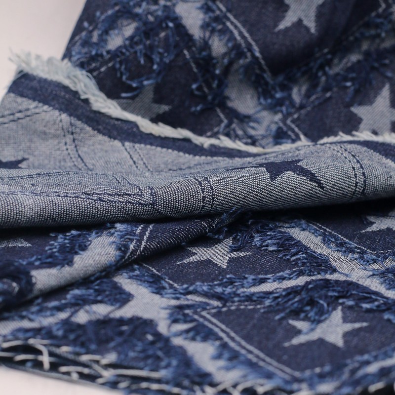 10 oz Star Pattern Denim Jacquard Fabric,Deep Blue,Non-Stretch,Water-Washed with Fringe