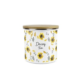 Purely Home Sunflowers Decaf Tea Storage Canister - White Floral Metal Enamel Medium Sized Food Storage Container