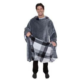 Snuggie Reversible - The Original As Seen on TV Wearable Blanket That Has Sleeves - Cozy, Warm and Soft Velveteen - Oversized Functional Blanket with Pockets, Adult Size, Grey/Plaid
