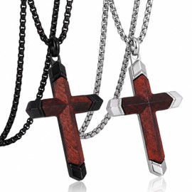 Kigeli 2 Set Wooden Cross Necklace for Men Walnut Wood Inset in Black Sliver Stainless Steel Christian Wood Crucifix Pendant Box Chain with Black Velvet Bags for Christmas Birthday Jewelry Gift