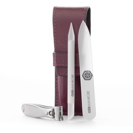 GERMANIKURE Nail clipper, Glass Nail File & Cuticle Remover Manicure Set in Purple Leather Case - Made in Solingen Germany of FINOX Stainless Steel, Glass Nail Care Supplies Made in Czech Republic