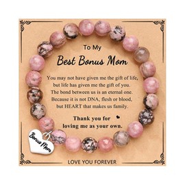 SCRDPRAD Heart Charm Natural Stone Bracelets,To My Mom Bracelet,To My Best Bonus Mom Bracelet,Mothers Day Christmas Gift for Mom-Red BM