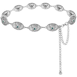 Liutufy Western Concho Belt for Women Metal Chain Link Belt Boho Chain Belts for Dresses Jeans(Turquoise Bull Silver-M)