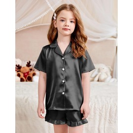 Arshiner Girls Pajamas Silk Satin Pajama Set 2 Piece Button Down Pjs Ruffle Sleepwear Black 12-13 Years