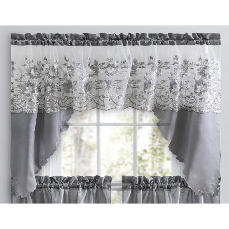 American Linen 3 Piece Embroidered Window Curtain Set, Valance and