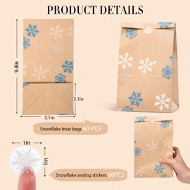 Cholemy 60 Pcs Winter Christmas Snowflake Gift Bags with 60 Snowflake Sealing Stickers Winter Goodie Bags Snowflake Bags Winter Gift Bags Cookie Snack Bags for Christmas Winter Holiday Party Favors