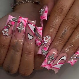 IMRAIN Long Square Press on Nails Pink French Tips Fake Nails with Cross & Cherry Charm Designs Full Cover Glossy Glue on Nails Acrylic Artificial Nail Supplies 24Pcs