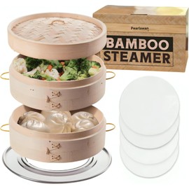 10 Inch 2-Tier Bamboo Steamer Basket with stainless steel ring and 4 Reusable Silicone Liners of bamboo steamer set for Healthy Cooking of Dumplings, Bao Buns, Rice and Veggies