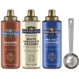 Ghirardelli Sea Salt Caramel, White Chocolate and Caramel Flavored Sauce 16 oz Bottles (Pack of 3) with Ghirardelli Stamped Barista Spoon