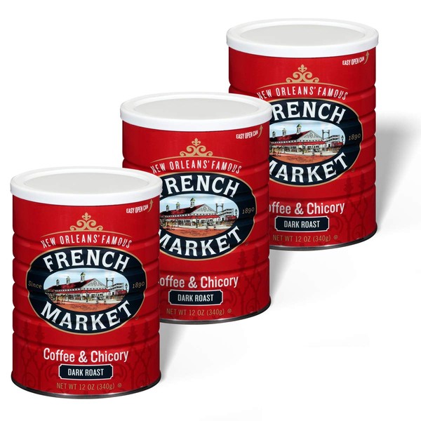 French Market Coffee City Dark Roast Ground Coffee & Chicory 12 Ounce Canister (Pack of 3)