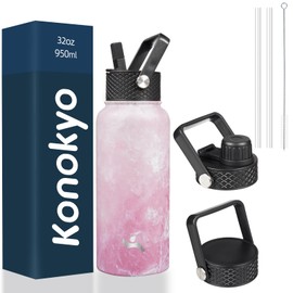 Konokyo 32 oz Insulated Water Bottle Stainless Steel Sport Bottles with 3 Lids,Marble Blossom