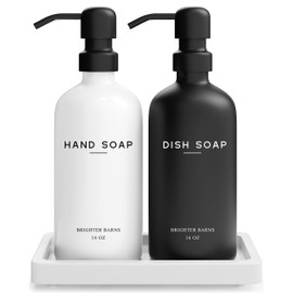 Luxury Glass Hand and Dish Soap Dispenser Set by Brighter Barns - Kitchen Soap Dispenser Set with Tray for Kitchen, Home or Restaurant - Modern Farmhouse Kitchen Decor (Black/White)