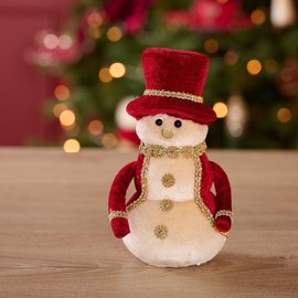 Widdop and Co. - The Seasonal Gift Co. - Red Velvet Snowman Figurine Christmas Ornament Decoration. Red, Gold & Brown Xmas Homeware Indoor Festive Holiday Room Decor.