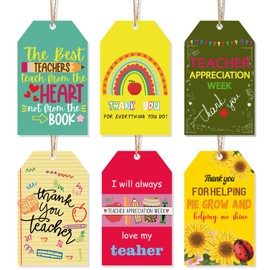 HOWAF 60pcs Thank You Teacher Gift Tags,Teacher Appreciation Week Hanging Tags with String for Teacher Presents Decor,Teachers Appreciation Gift Wrap Paper Label,Thanks Teacher Name Tags Label