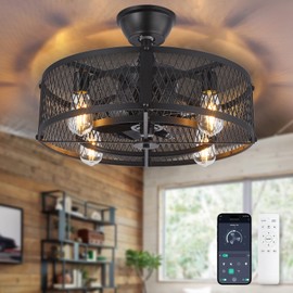 Depuley Outdoor Ceiling Fan with Light: 20" Caged Ceiling Fans with Remote App Control for Patio Kitchen Bedroom - Farmhouse Fandelier Flush Mount Lights Fixture Reversible 6 Speed Timer Black