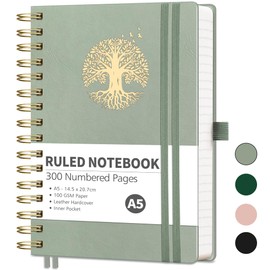 RETTACY A5 Notebook-Spiral College Ruled Notebook Journals for Women,300 Numbered Pages Note Pad 100gsm Thick Lined Paper for Writing,Inner Pocket,Sticky Notes,Note Taking 14.5 x 20.7cm -LightGreen