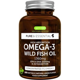 Igennus High-Quality Omega-3 Wild Fish Oil & Astaxanthin, Triglyceride Form rTG, 1360 mg, EPA 670 mg & DHA 330 mg Omega-3 Fatty Acids, Ultra Pure, Free from Environmental Toxins, Lemon Flavour, 180