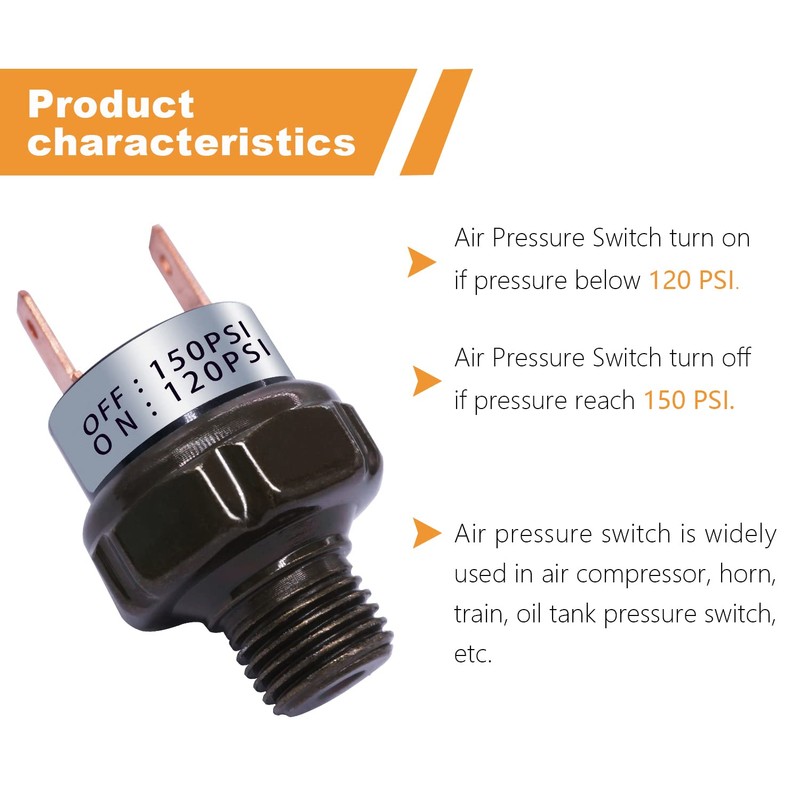 mankk Black 120-150 PSI Air Pressure Switch, 1/4"NPT Thread, 24V
