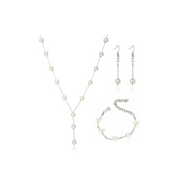 Pearl Jewelry Set for Women Brides Wedding Faux Pearl Necklace Bracelet Earrings Set Simulated Pearl Set Adjustable Y-shaped Pearl Necklaces Dainty Bridesmaid Jewelry Gifts (Silver)