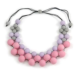 Avalaya Pastel Pink/Lavender/Grey Graduated Resin Beaded Cotton Cord Necklace/ 40cm - 48cm L/Adjustable