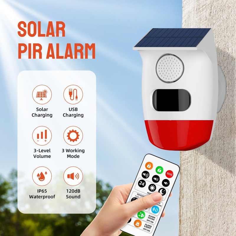 PGST Solar Strobe Alarm Light, Wireless Security Alarm with Remote