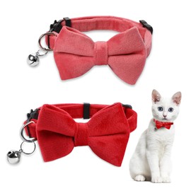 Sliverdew 2 Pcs Safety Cat Collar with Bell Breakaway Bow Tie Cat Collar Adjustable Velvet Kitten Collars Small Puppy Bowtie Collar for Wedding Birthday Party