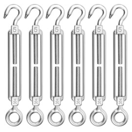 Turnbuckle Rope Tensioner Pack of 6 M5 Stainless Steel Adjustable Hook and Eye Steel Cable Wire Rope Turnbuckle Tensioner for Sun Sail, Rope, Garden Wire, or Washing Line for Tensioning Heavy Duty