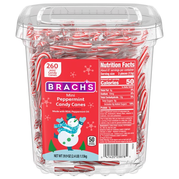 Brach's Bobs Mini Peppermint Candy Canes, Christmas Candy, Bobs Stocking Stuffers for Kids, Holiday Classic, 260ct, 40 oz Tub