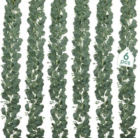 Lyrow Eucalyptus Garland with Flowers 5.9Ft Artificial Greenery Garland Faux Eucalyptus Leaves Greenery Silver Dollar Hanging Green Vine for Wedding Party Arch Mantle Door Wall Table Decor(6 Pcs)