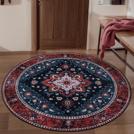 Ciicool Boho Area Rug 4x4ft Round Washable Bedroom Non-Slip Vintage Entryway Throw Low-Pile Indoor Carpet for Living Room Foyer