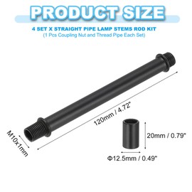 PATIKIL Straight Pipe Lamp Stems Rod Kit, 4Set M10 Carbon Steel 120mm(4.72") Long Double End Thread Rod with Coupling Nut Sleeve Connector for Table Lamps Chandeliers, Black