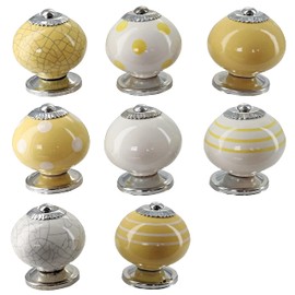 G Decor Dark Yellow and White Handmade Assorted Designs Ceramic Door Knobs, Vintage, Shabby Chic, Interior Furniture, Cabinet Cupboard Drawers Pulls Handles (8-Pack)