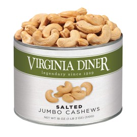 Virginia Diner Jumbo Salted Cashews - Non-GMO, Preservative Free Gourmet Cashews Gift from Virginia Since 1929-18 Oz Can
