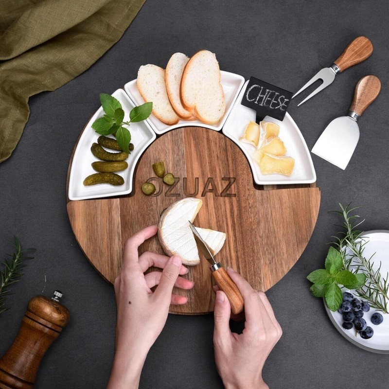 OZUAZ Charcuterie Cheese Board & Wood Platter Set - Round