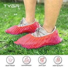 TYGA STORE (100 Pieces Disposable Shoe Covers - Red Plastic, Anti Slip, Dust Proof, Waterproof Overshoes - Indoor, Outdoor, Carpet, Floor, Rain, Boot, Safety, Cycling, Strong Foot Covering