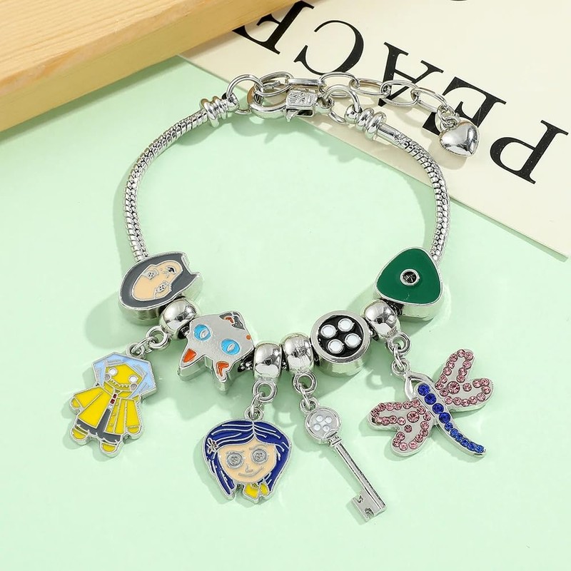 Pulsera Plateada Muñeca Coraline Libelula Gato Llave Boton