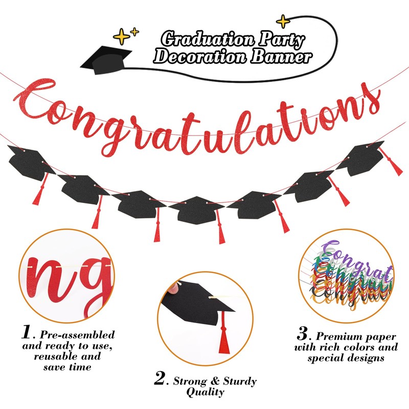 Class of 2025 Graduation Decorations Pre-Strung Glitter Congratulations Banner with